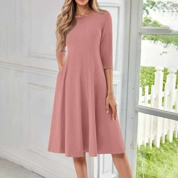 Huankd Dress for Women 3/4 Sleeve Crew Neck Pockets Vintage A-Line Swing Midi Dresses Pink L