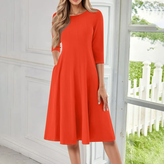 Huankd Dress for Women 3/4 Sleeve Crew Neck Pockets Vintage A-Line Swing Midi Dresses Saffron M
