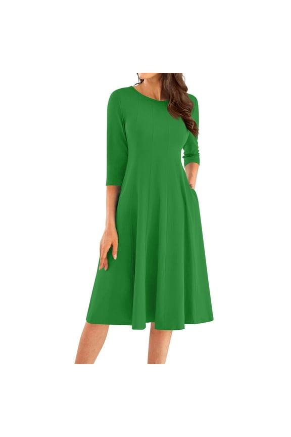 Elegant Work Dress for Women's 3/4 Sleeve Round Neck Pockets Vintage A-Line Swing Midi Dress Army Green L