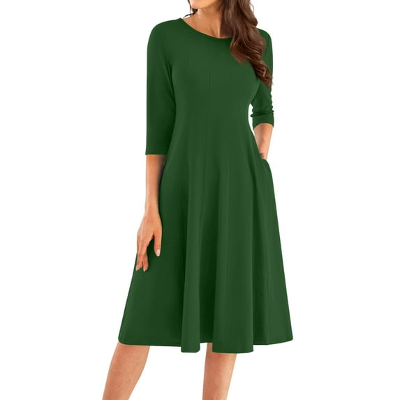 Huankd Elegant Work Dress for Women's 3/4 Sleeve Round Neck Pockets Vintage A-Line Swing Midi Dress Dark Green L