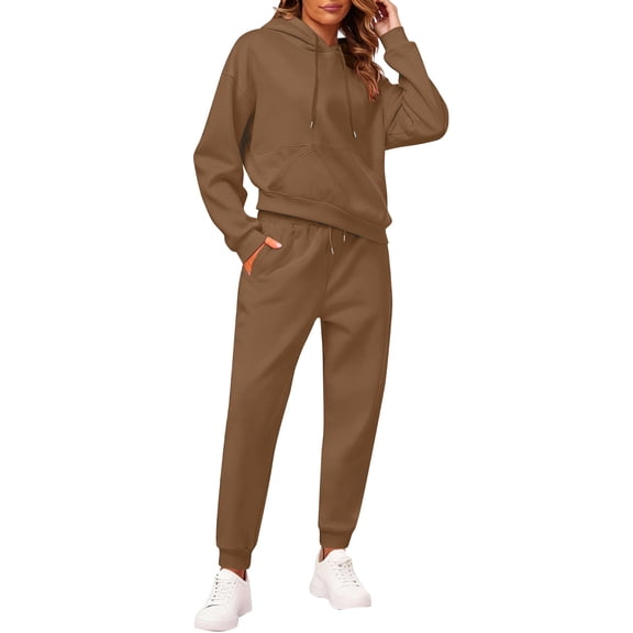 Huankd Fall 2025 Sweatsuit Set for Women 2 Piece Outfits Casual Lounge Wear Fleece Hooded Top and Jogger Pant Matching Set Coffee M
