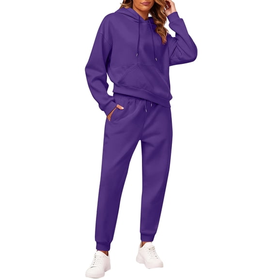 Huankd Fall 2025 Sweatsuit Set for Women 2 Piece Outfits Casual Lounge Wear Fleece Hooded Top and Jogger Pant Matching Set Purple L