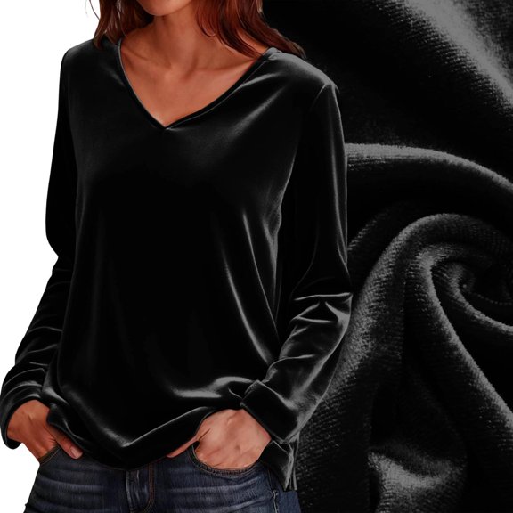 Huankd Fall Winter Velvet Tops for Women V Neck Long Sleeve Elegant Evening Blouses Loose Fit Trendy Shirts 2025 Black M