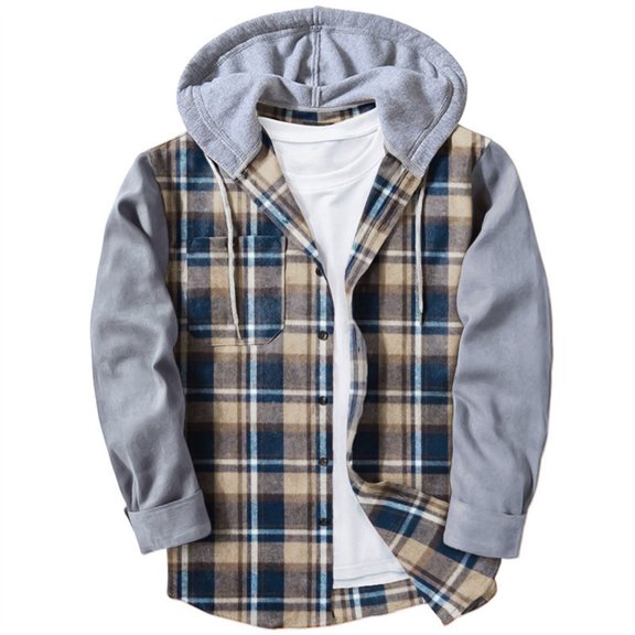 Huankd Flannel Hoodie for Men Trendy Button Down Plaid Shirts Lightweight Casual Long Sleeve Hoodies Fall Jackets Shacket Navy M