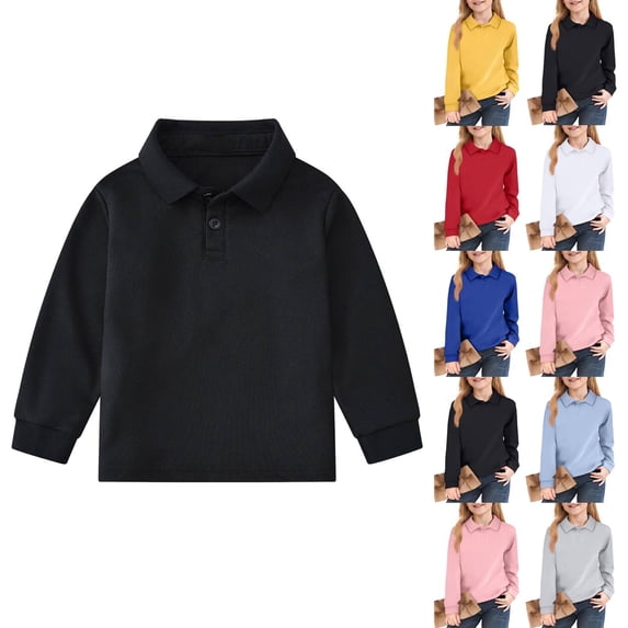Huankd Girls Polo Shirts Long Sleeve School Uniform Classic Collared Top Black 4-5Y