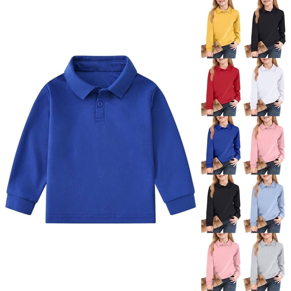 Huankd Girls Polo Shirts Long Sleeve School Uniform Classic Collared Top Dark Blue 3-4Y