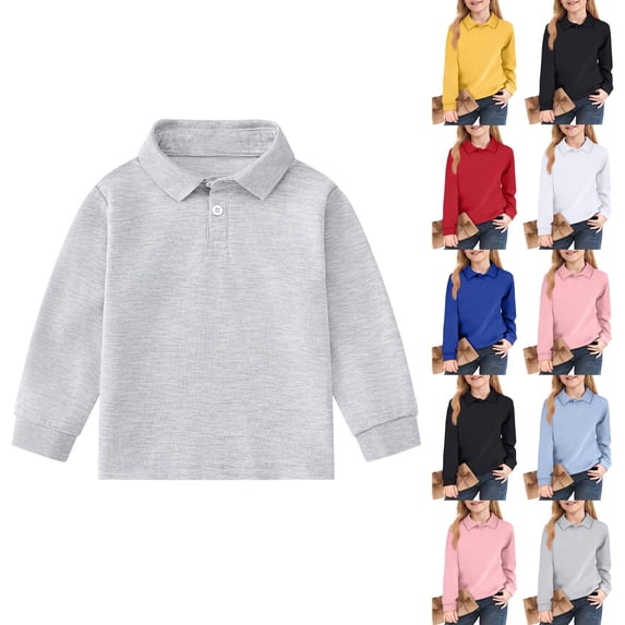Huankd Girls Polo Shirts Long Sleeve School Uniform Classic Collared Top Gray 9-10Y