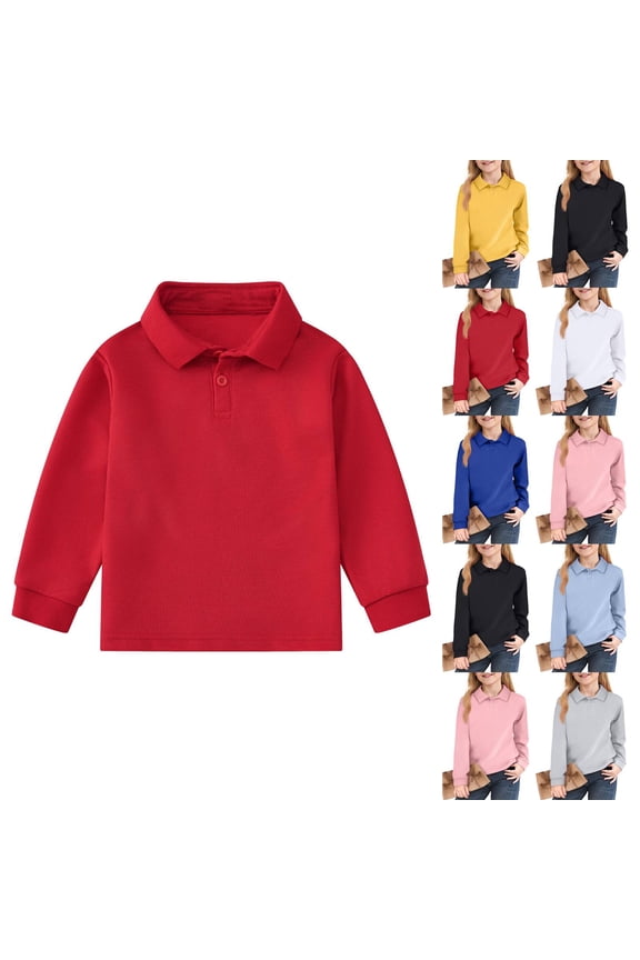 Girls Polo Shirts Long Sleeve School Uniform Classic Collared Top Red 9-10Y