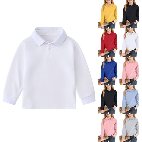 Huankd Girls Polo Shirts Long Sleeve School Uniform Classic Collared Top White 11-12Y
