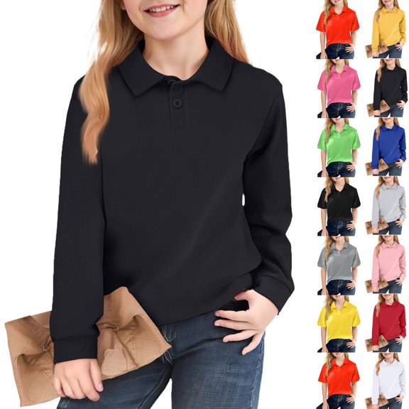 Huankd Girls Polo Shirts Long Sleeve School Uniform Classic Color Raglan Button-Up Top Comfortable Tee Black 5-6Y