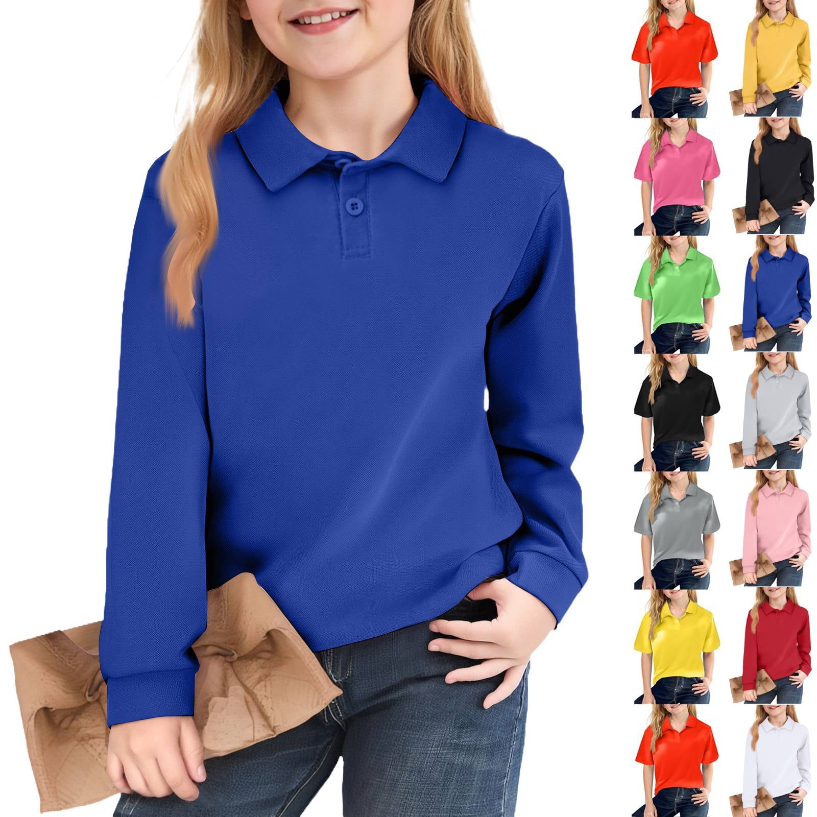 Huankd Girls Polo Shirts Long Sleeve School Uniform Classic Color ...