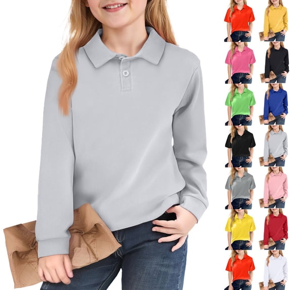 Huankd Girls Polo Shirts Long Sleeve School Uniform Classic Color Raglan Button-Up Top Comfortable Tee Gray 10-11Y