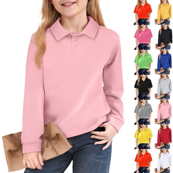 Huankd Girls Polo Shirts Long Sleeve School Uniform Classic Color Raglan Button-Up Top Comfortable Tee Pink 5-6Y