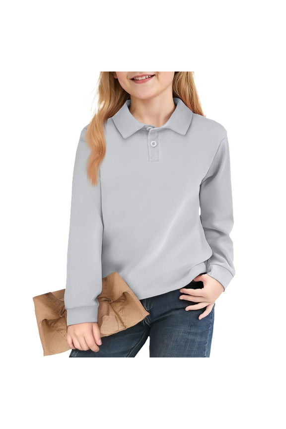 Girls Polo Shirts Long Sleeve School Uniform Classic Solid Color Soft Casual Tops for Kids Gray 4-5Y