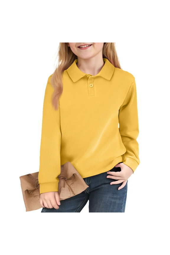 Girls Polo Shirts Long Sleeve School Uniform Classic Solid Color Soft Casual Tops for Kids Yellow 5-6Y