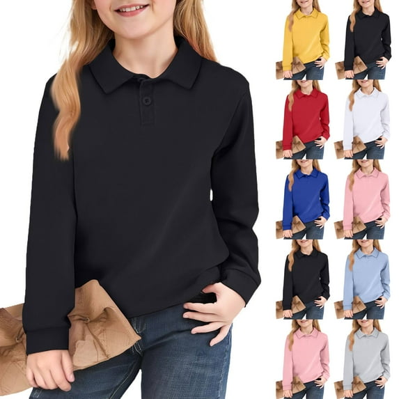 Huankd Girls' Polo Shirts Long Sleeve School Uniform Soft Classic Collar Top Black 4-5Y