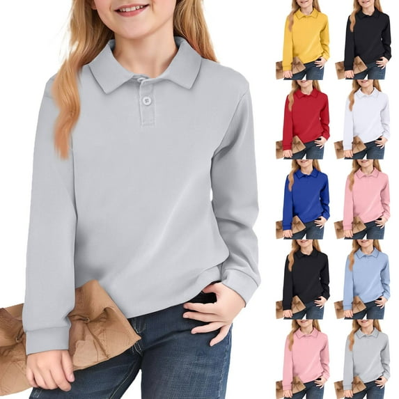 Huankd Girls' Polo Shirts Long Sleeve School Uniform Soft Classic Collar Top Gray 1-2Y