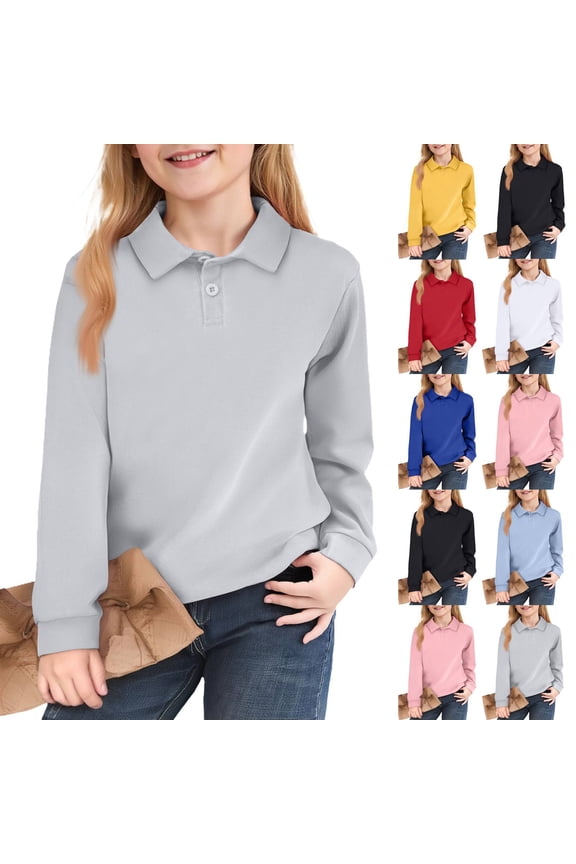 Girls' Polo Shirts Long Sleeve School Uniform Soft Classic Collar Top Gray 5-6Y
