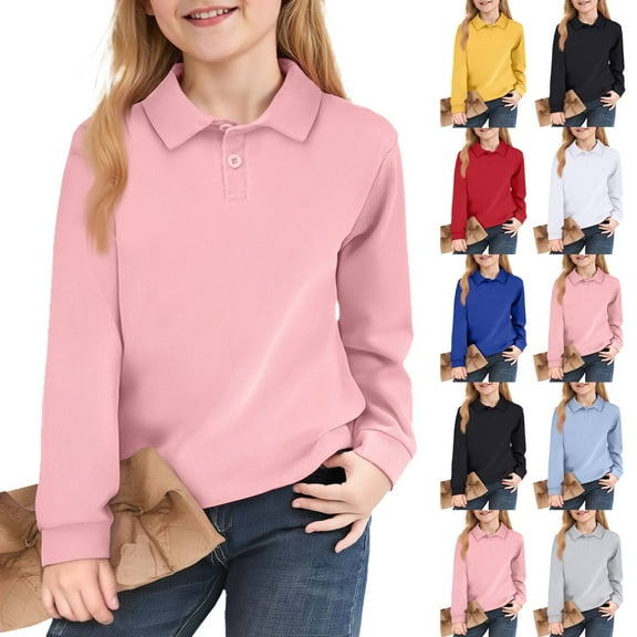 Huankd Girls' Polo Shirts Long Sleeve School Uniform Soft Classic Collar Top Pink 4-5Y