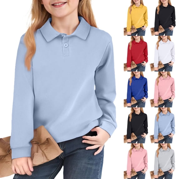 Huankd Girls' Polo Shirts Long Sleeve School Uniform Soft Classic Collar Top Sky Blue 5-6Y