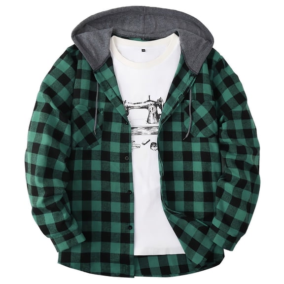 Huankd Lightweight Hooded Flannel Shirt for Men Fall Casual Button Down Shirt Long Sleeve Plaid Hoodie with Pocket Green XL