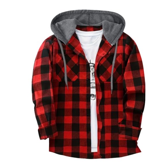 Huankd Lightweight Hooded Flannel Shirt for Men Fall Casual Button Down Shirt Long Sleeve Plaid Hoodie with Pocket Red XL