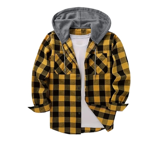 Huankd Lightweight Hooded Flannel Shirt for Men Fall Casual Button Down Shirt Long Sleeve Plaid Hoodie with Pocket Yellow 2XL