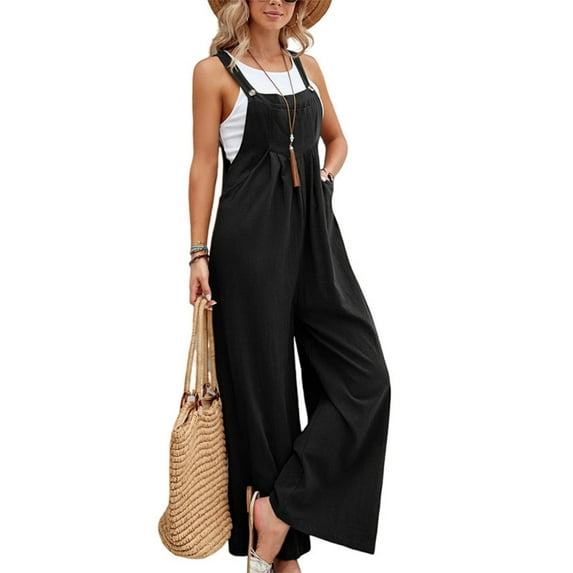Huankd Linen Overalls for Women Loose Fit Adjustable Straps Bib Jumpsuits Square Neck Wide Leg Gardening Overalls w/Pockets Black 2XL