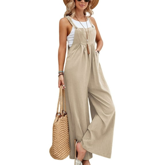 Huankd Linen Overalls for Women Loose Fit Adjustable Straps Bib Jumpsuits Square Neck Wide Leg Gardening Overalls w/Pockets Khaki M