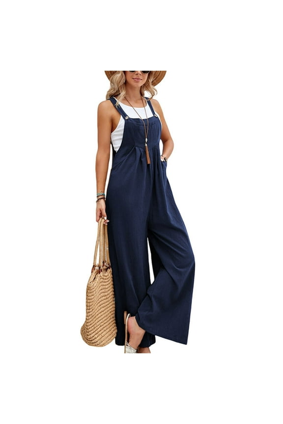 Linen Overalls for Women Loose Fit Adjustable Straps Bib Jumpsuits Square Neck Wide Leg Gardening Overalls w/Pockets Navy L