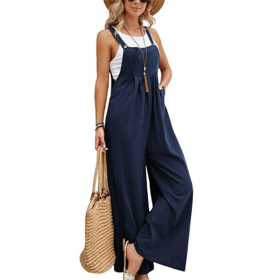 Huankd Linen Overalls for Women Loose Fit Adjustable Straps Bib Jumpsuits Square Neck Wide Leg Gardening Overalls w/Pockets Navy M
