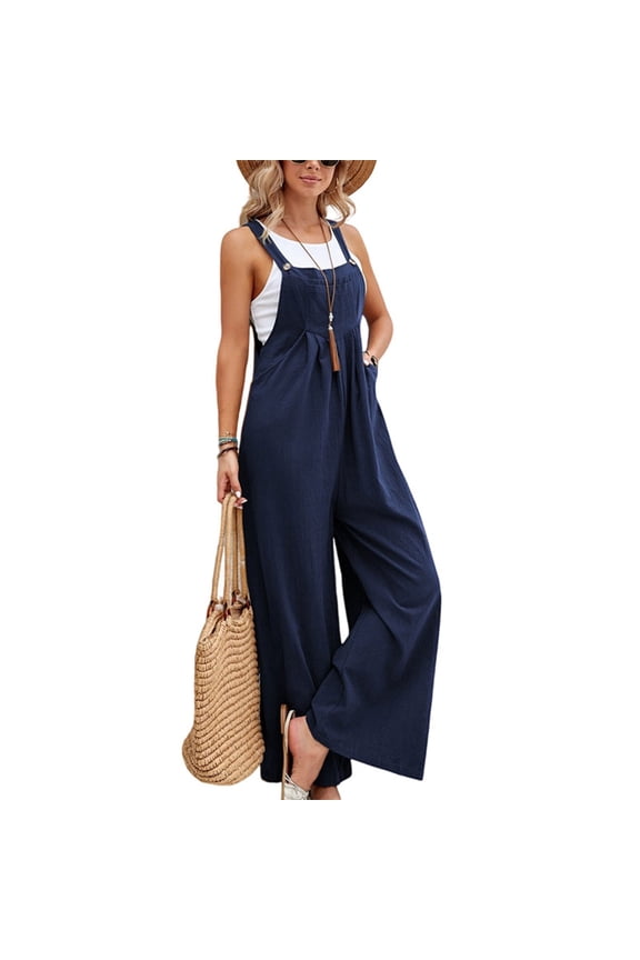 Linen Overalls for Women Loose Fit Adjustable Straps Bib Jumpsuits Square Neck Wide Leg Gardening Overalls w/Pockets Navy M
