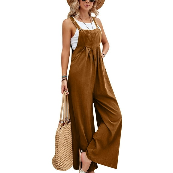 Huankd Linen Overalls for Women Loose Fit Adjustable Straps Bib Jumpsuits Square Neck Wide Leg Gardening Overalls w/Pockets Yellow 3XL