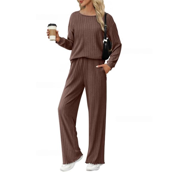 Huankd Lounge Sets for Women Comfy Ribbed Knit Pajamas Spring Long Sleeve Sleepwear 2 Piece Casual Loungewear Coffee M