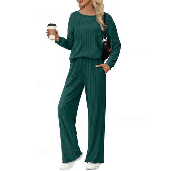 Huankd Lounge Sets for Women Comfy Ribbed Knit Pajamas Spring Long Sleeve Sleepwear 2 Piece Casual Loungewear Dark Green S