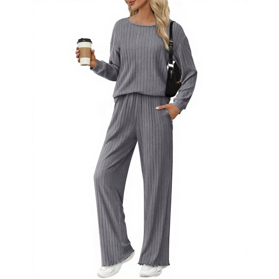 Huankd Lounge Sets for Women Comfy Ribbed Knit Pajamas Spring Long Sleeve Sleepwear 2 Piece Casual Loungewear Gray S