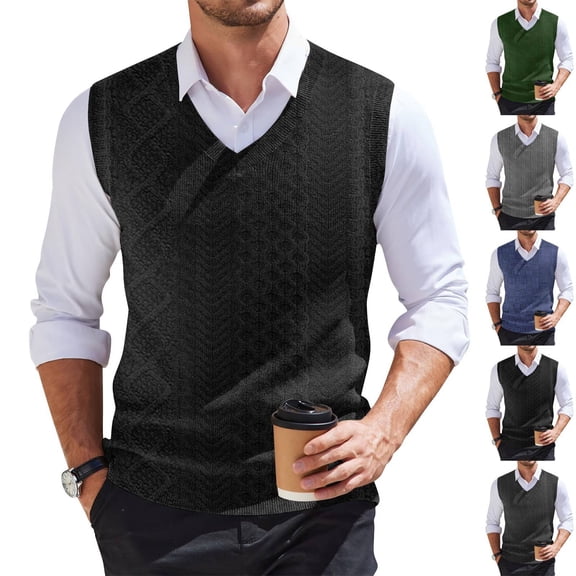 Huankd Men Knit Sweater Vest Classic Business Casual V Neck Sleeveless Slim Pullover Vintage Spring Winter Dark Gray 3XL