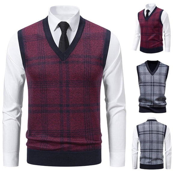 Huankd Men Sweater Vest Thick Plaid V Neck Sleeveless Casual Knit Warm Winter Wine XL
