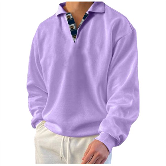 Huankd Men’s Classic Polo Shirt Long Sleeve Pullover Sweatshirts Lightweight Casual Tops Light Purple 2XL