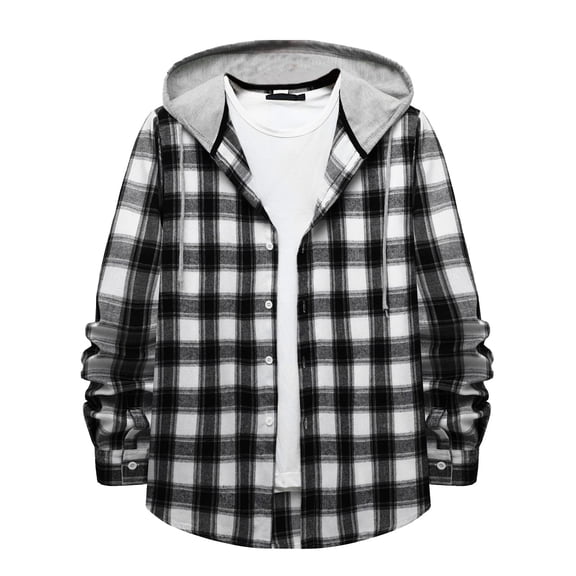 Huankd Men's Flannel Hoodie Shirts Casual Button Down Plaid Shirt Jackets for Men Long Sleeve Stylish Hooded Gray 2XL
