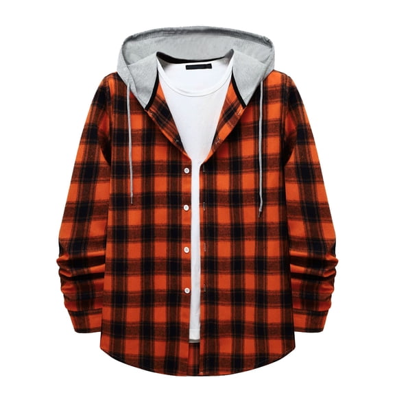 Huankd Men's Flannel Hoodie Shirts Casual Button Down Plaid Shirt Jackets for Men Long Sleeve Stylish Hooded Orange M