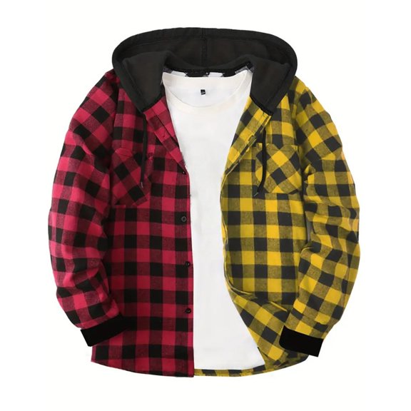 Huankd Men's Flannel Hoodie Shirts Long Sleeve Casual Vintage Button Down Plaid Shirt Jacket with Pocket Yellow L