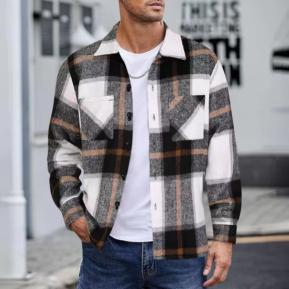 Huankd Men's Flannel Shirts Casual Button Down Plaid Shirt Jacket Long Sleeve Fleece Shacket with Pockets Black 3XL