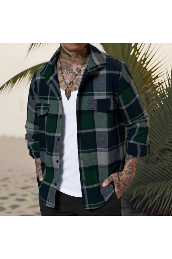 Men's Flannel Shirts Long Sleeve Casual Plaid Button Down Shirt Jacket with Pockets Green L