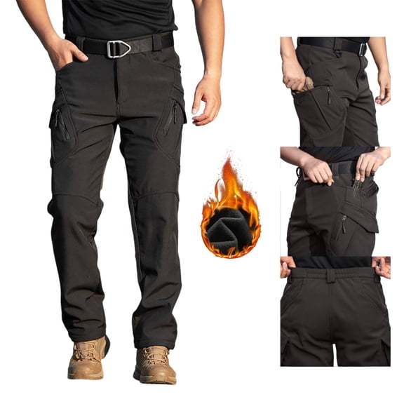 Huankd Men's Fleece Lined Cargo Hiking Pants Snow Ski Pants for Winter Outdoor with Pockets Black XL