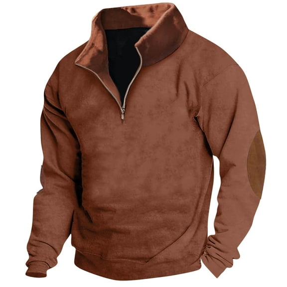 Huankd Men's Fleece Sweatshirts Vintage Quarter Zip Pullover shirt Casual Long Sleeve Sweatshirt Warm Tops Brown M