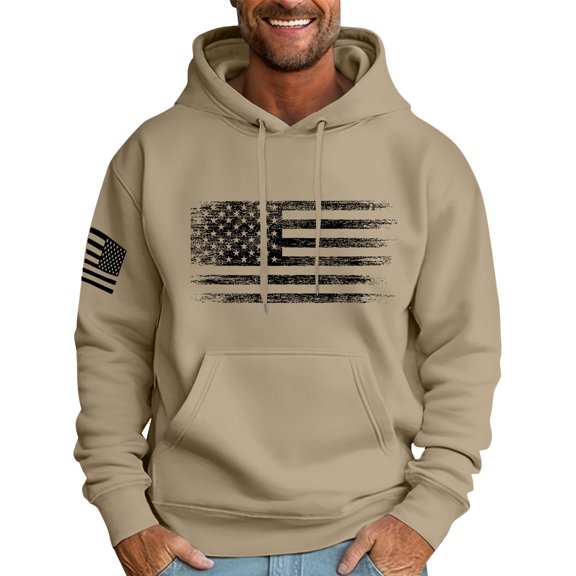Huankd Men's Hoodies Oversized Sweatshirts American Flag Patriotic Hoodie Big and Tall Graphic Hoodie With Pockets Camel XL