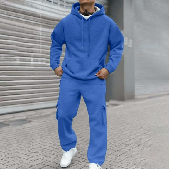 Huankd Men's Jogging Suit 2 Piece Set Casual Hooded Sweatshirt Baggy Sweatpants Workout Lounge Wear​ Blue XL