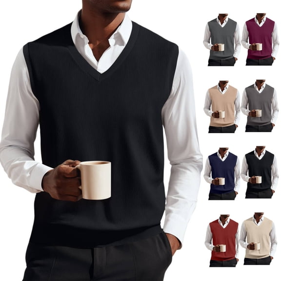 Huankd Men’s Knit Sweater Vest V Neck Relaxed Fit Sleeveless Pullovers Black 5XL