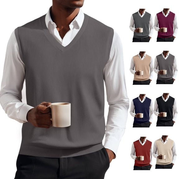 Huankd Men’s Knit Sweater Vest V Neck Relaxed Fit Sleeveless Pullovers Brown 3XL